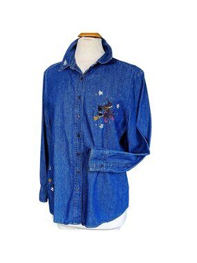 Womans Classic Elements size 12 Denim Halloween embroidered long sleeve shirt